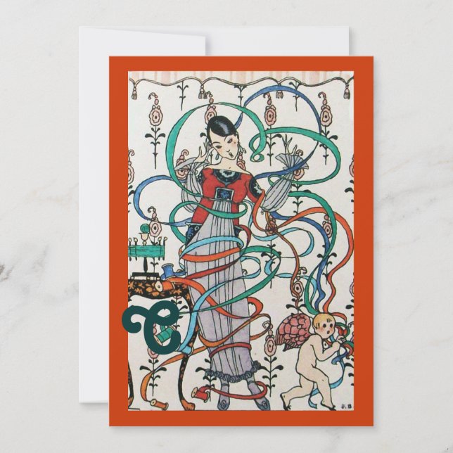 YOUNG GIRL,COLORFUL RIBBONS BRIDAL SHOWER MONOGRAM INVITATION (Front)