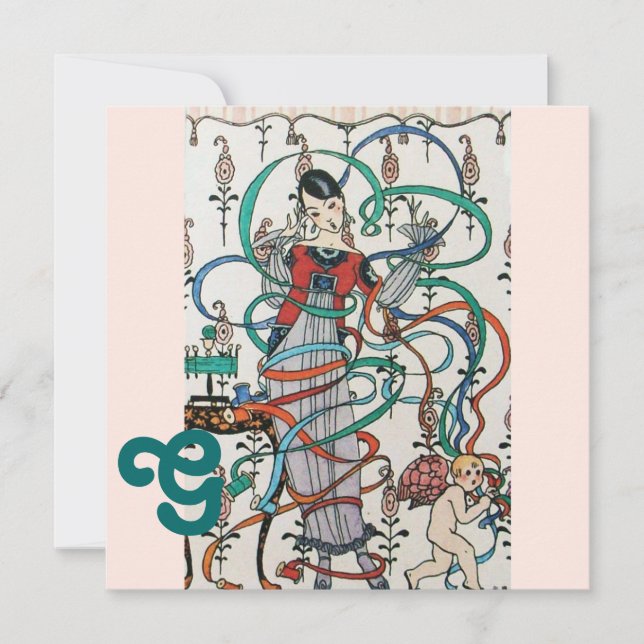 YOUNG GIRL,COLORFUL RIBBONS BRIDAL SHOWER MONOGRAM INVITATION (Front)