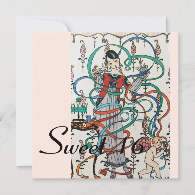 YOUNG GIRL ,COLORFUL RIBBONS SWEET 16  PARTY Blue Invitation (Front)