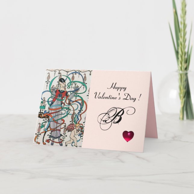 YOUNG GIRL,COLORFUL RIBBONS,SWIRLS,CUPID Valentine Holiday Card (Front)