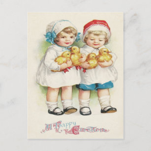 Young Girl Duck Easter Chick Holiday Postcard