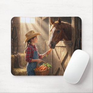 Young Girl Feeding a Horse Carrots Mouse Pad