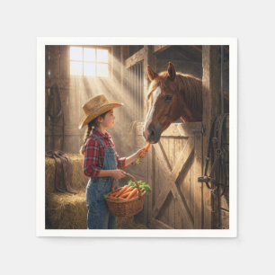 Young Girl Feeding a Horse Carrots Napkins
