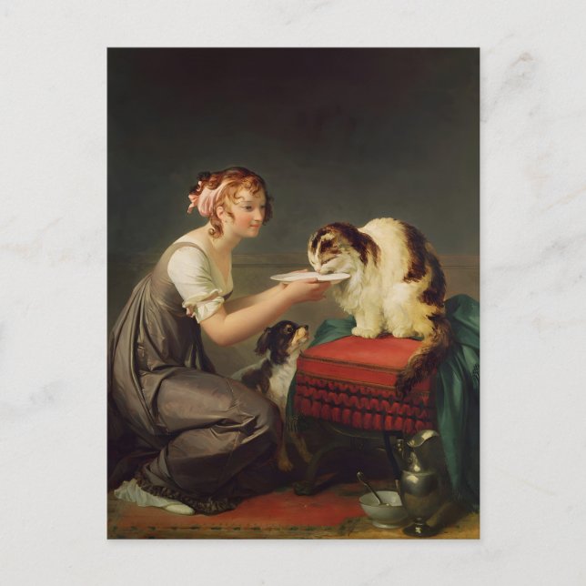 Young Girl Giving Milk to Her Cat Art Postcard (Front)
