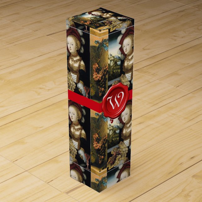 YOUNG GIRL ,GRAPE VINEYARD RED WAX SEAL MONOGRAM WINE GIFT BOX (Front)
