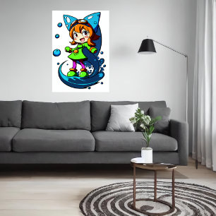 Young girl green clothes blue ribbon    AI Art Poster