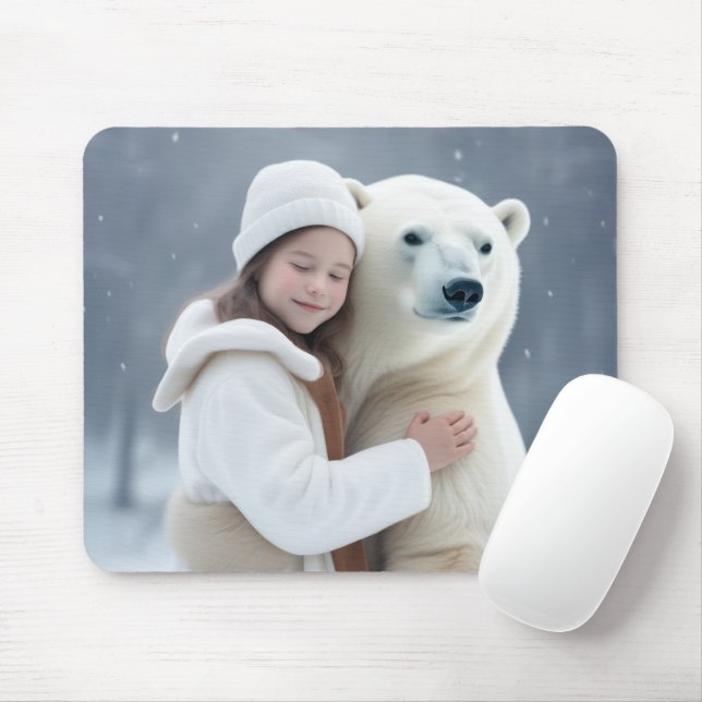 Young Girl Hugging a Polar Bear Mouse Pad (With Mouse)