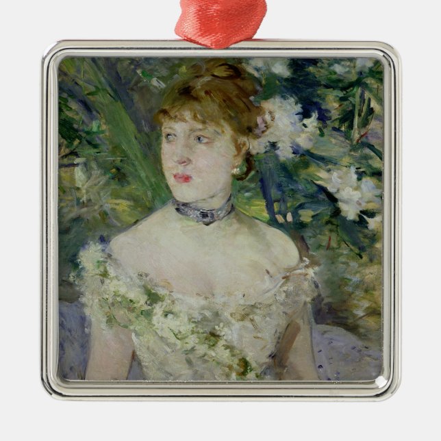 Young girl in a ball gown, 1879 metal ornament (Front)