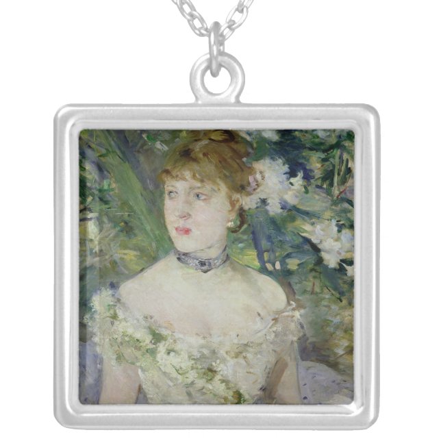 Young girl in a ball gown, 1879 silver plated necklace (Front)