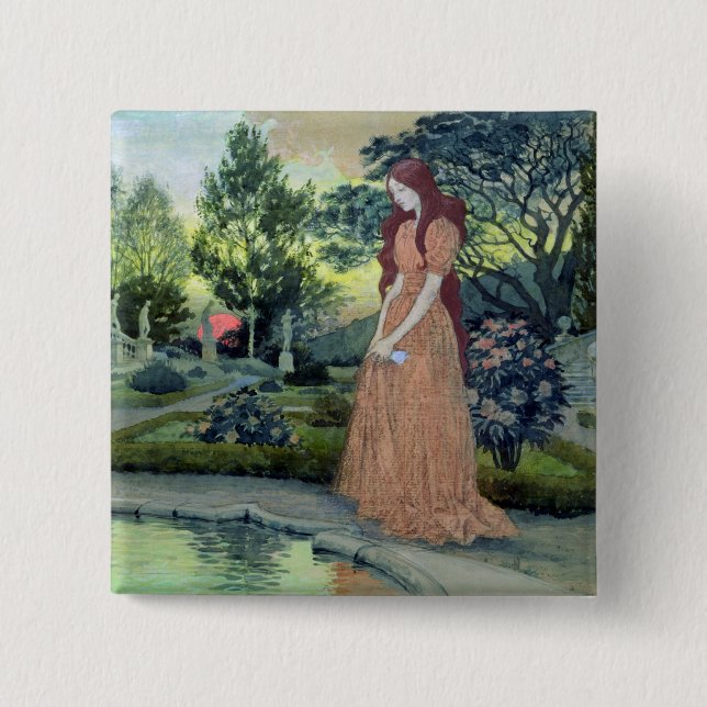 Young girl in a garden (w/c) button (Front)