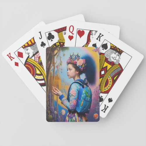 Young girl in forest with backpack playing cards