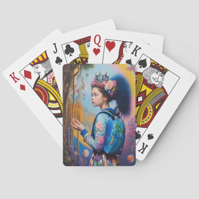 Young girl in forest with backpack poker cards (Back)
