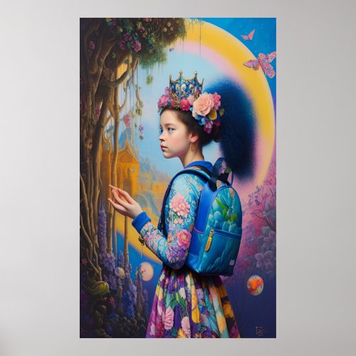 Young girl in forest with backpack poster