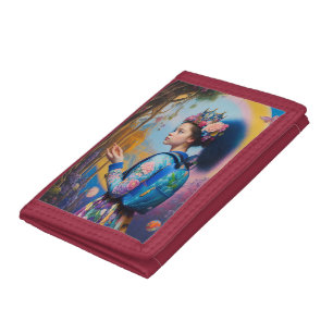 Young girl in forest with backpack tri-fold wallet