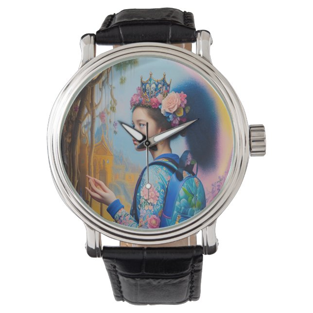 Young girl in forest with backpack watch (Front)