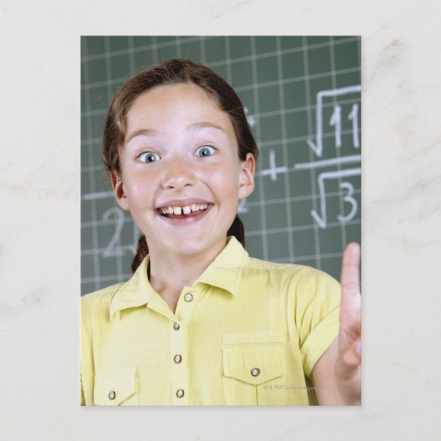 young girl in front of blackboard having idea postcard (Front)