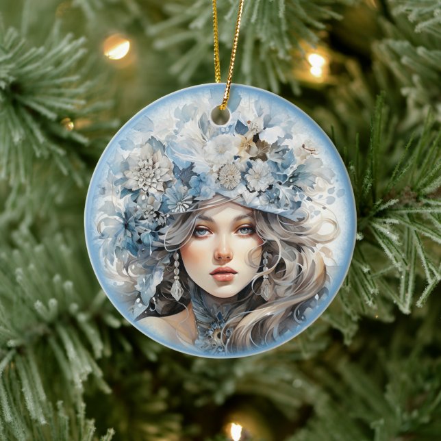 Young Girl Old Fashioned Portrait Floral Hat Ceramic Ornament (Tree)