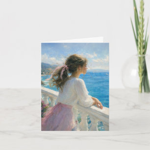Young Girl on an Ocean Balcony Impressionism Card