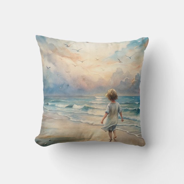 Young Girl on Beach Throw Pillow (Front)