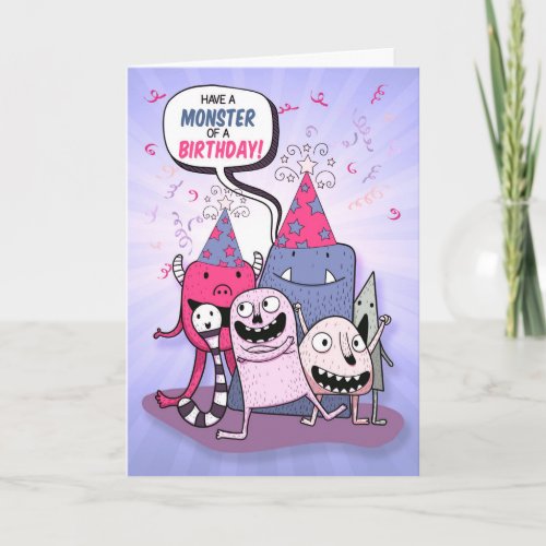 Young Girl Pink and Purple Monster Birthday Card