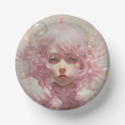 Young Girl Pink Dress Hair and Bubbles Paper Bowls