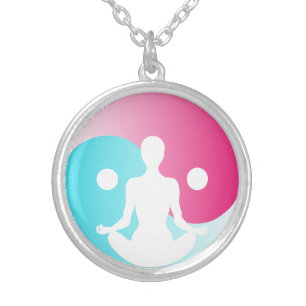 Young girl practice yoga at front of Yin-Yang sign Silver Plated Necklace