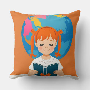 Young Girl Reading a Book with a Vibrant Globe Throw Pillow