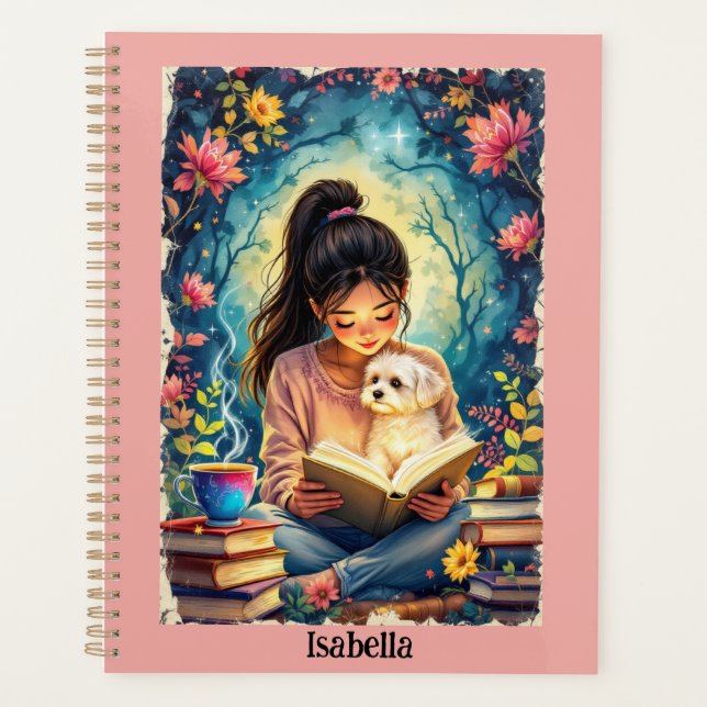 Young Girl Reading with Her Dog Add Name & Text  Planner (Front)