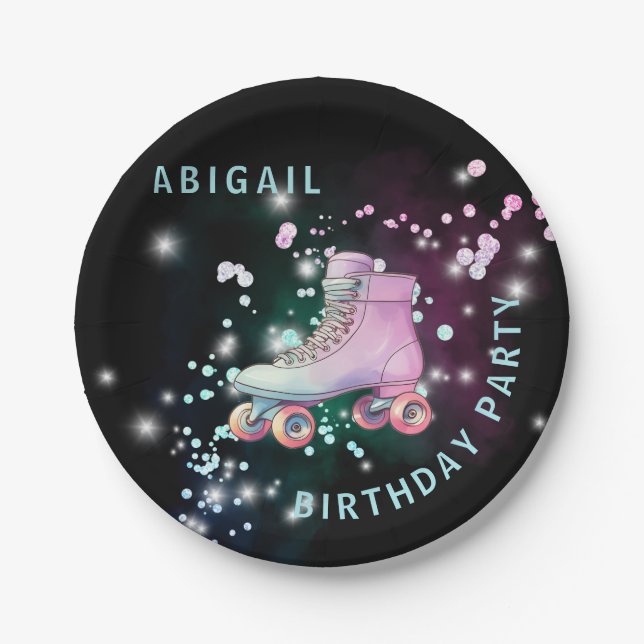 Young Girl Roller Skating Black Birthday Party Paper Plates (Front)
