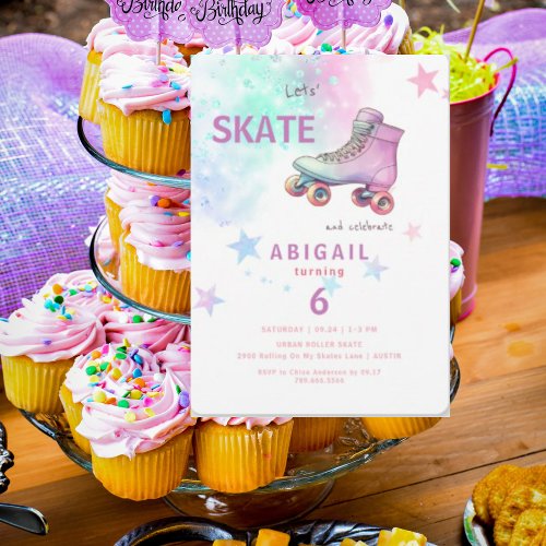 Young Girl Roller Skating Colorful Birthday Party Invitation