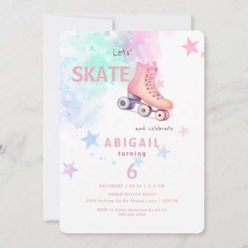 Young Girl Roller Skating Rounded Birthday Party Invitation
