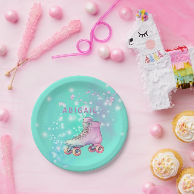 Young Girl Roller Skating Turquoise Birthday Party Paper Plates (Party)