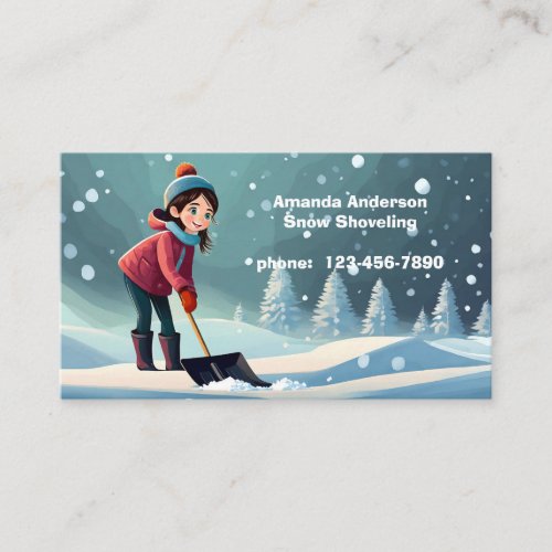 young girl shoveling snow business card