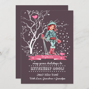 Young Girl Skier   Custom Name Christmas Cards