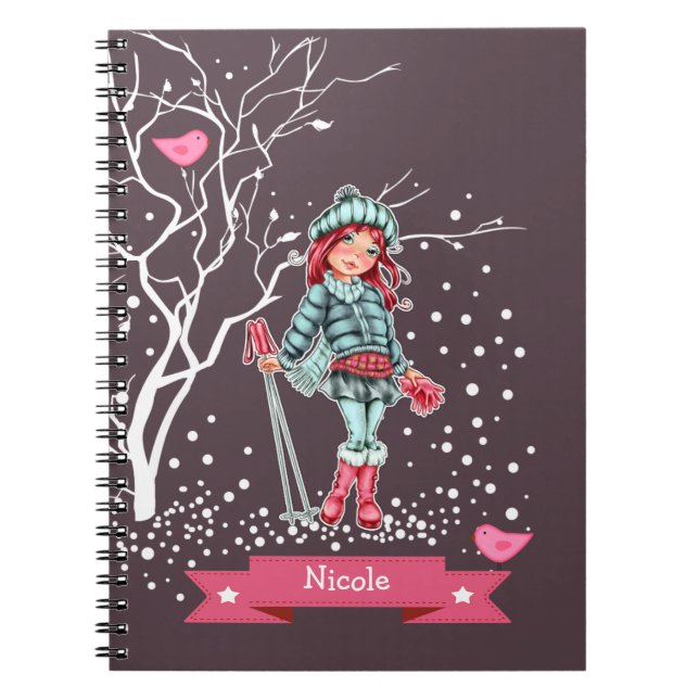 Young Girl Skier | Custom Name Christmas Gift  Notebook (Front)