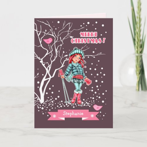 Young Girl Skier  Custom Name Christmas  Holiday Card