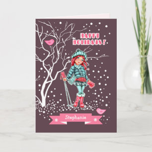 Young Girl Skier Custom Name Christmas Holiday Card