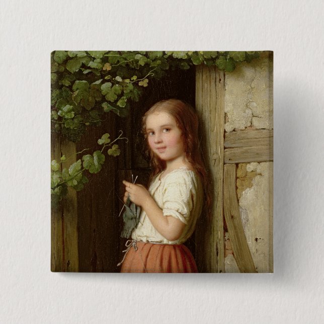 Young Girl Standing in a Doorway Knitting, 1863 Button (Front)