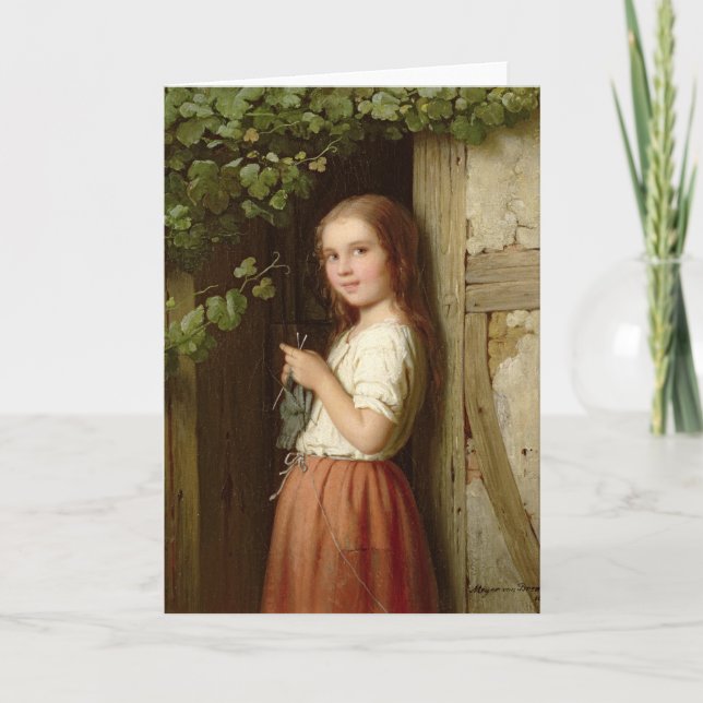 Young Girl Standing in a Doorway Knitting, 1863 Card (Front)