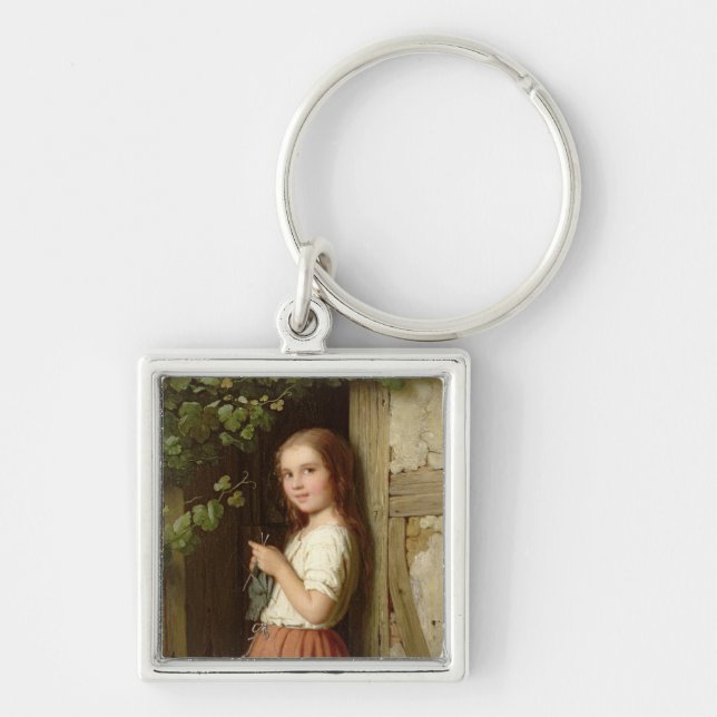 Young Girl Standing in a Doorway Knitting, 1863 Keychain (Front)