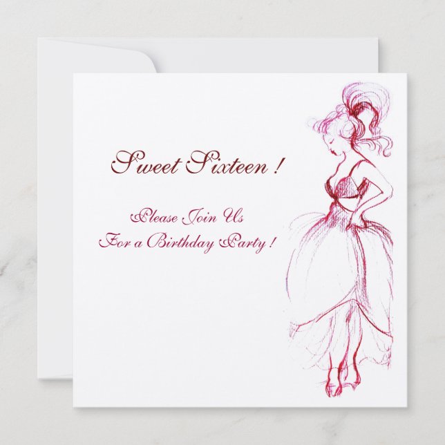 YOUNG GIRL SWEET 16 BIRTHDAY PARTY Red Pink White Invitation (Front)
