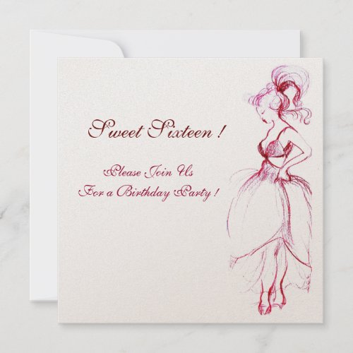 YOUNG GIRL SWEET 16 BIRTHDAY PARTY Red Pink White Invitation