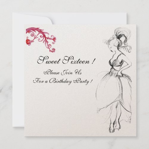 YOUNG GIRL SWEET 16 PARTY BlackWhite Red Swirls Invitation