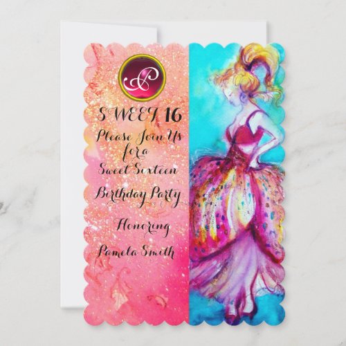 YOUNG GIRL SWEET 16 PARTYPink Sparkles Monogram Invitation