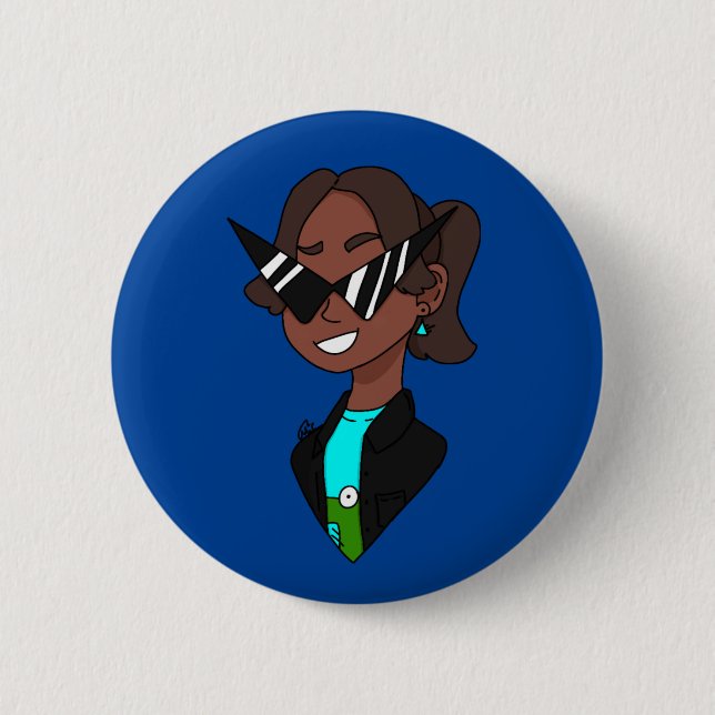 young girl wearing 80's geometric glasses button (Front)