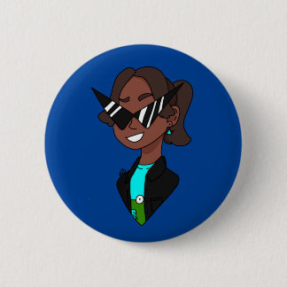 young girl wearing 80's geometric glasses button