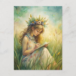 Young Girl Wildflowers Nature Inspired Postcard
