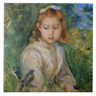 Young Girl With a Bird (by Berthe Morisot) Ceramic Tile