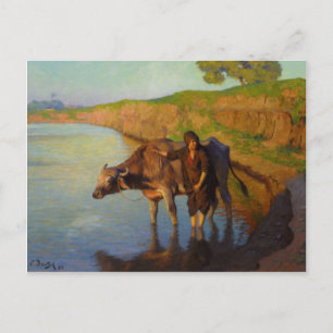 Young girl with buffalo postcard