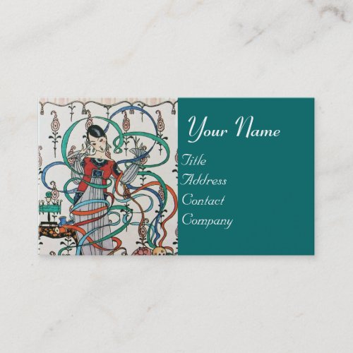 YOUNG GIRL WITH COLORFUL RIBBON SWIRLS AND CUPID BUSINESS CARD